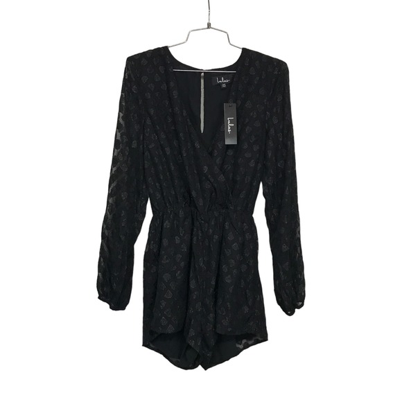 Lulus Womens XS Black Metallic Jacquard Long Sleeve Romper Surplice Neck NWT - Picture 2 of 8